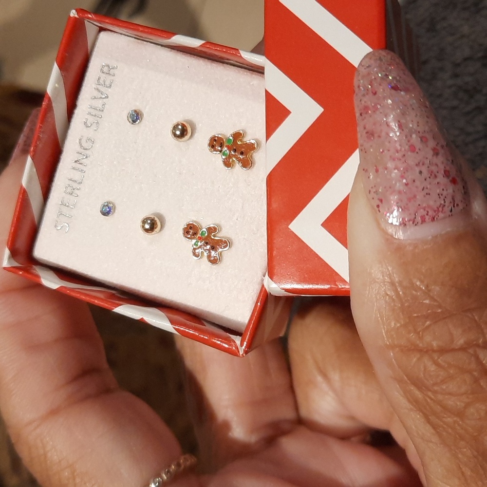 NWT GIRL'S Gift Set TRIO EARRINGS lot of 3pr Solid Sterling Silver Gingerbread